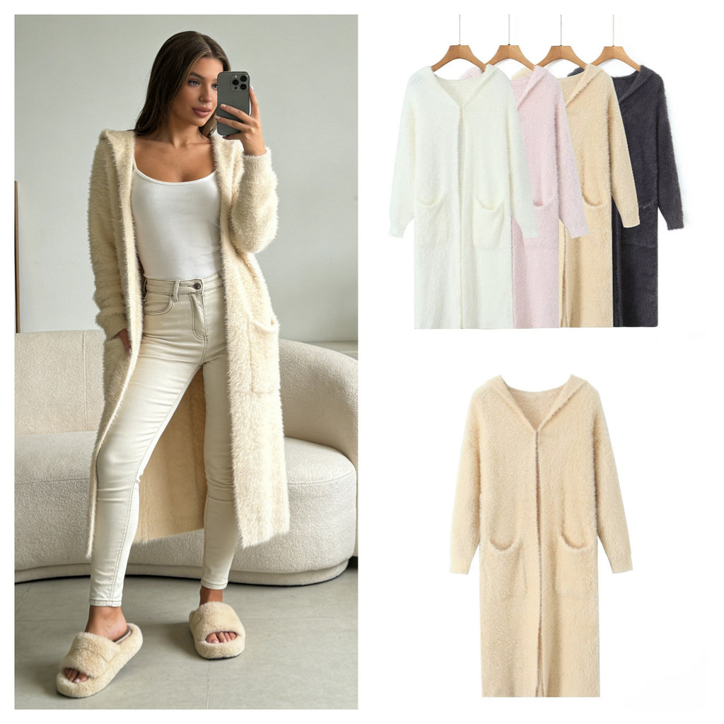 Women Longer fluffy hooded cardigan with patch pockets and open front Fashion Glam