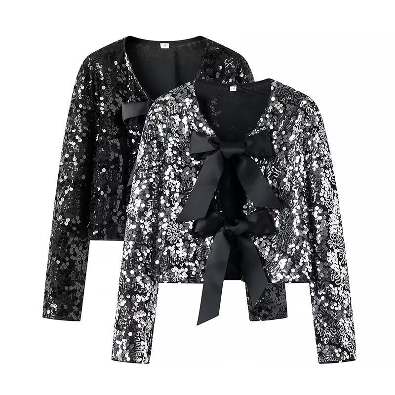 Ladies Short Cut Sequin Jacket with Double Tied Satin Bows Fashion Glam