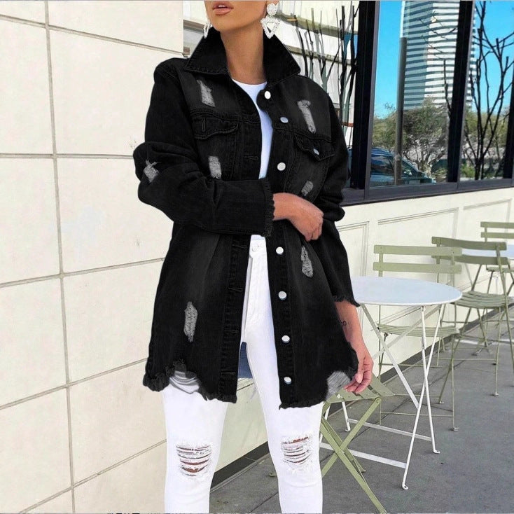 Ladies Longline Denim Jacket with Destroyed Details and Fringed Hem Fashion Glam