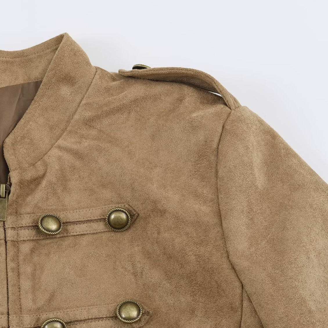 Women's short-cut cavalry jacket made of suede look with decorative button placket and epaulettes Fashion Glam