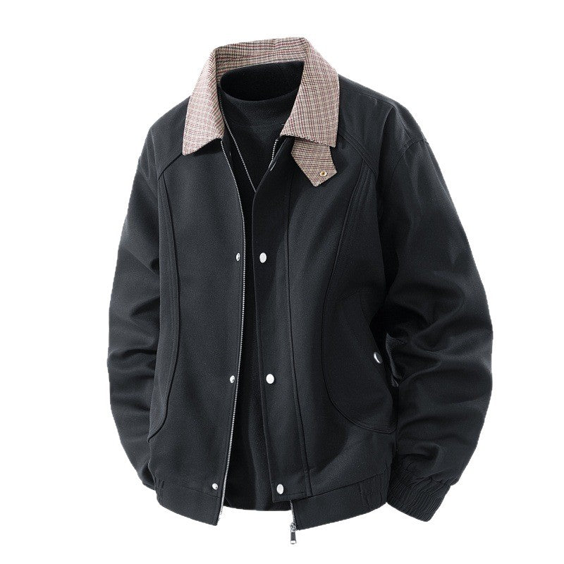 Men's Light Canvas Blouson with Check Collar, Zipper and Snap Button Placket Fashion Glam