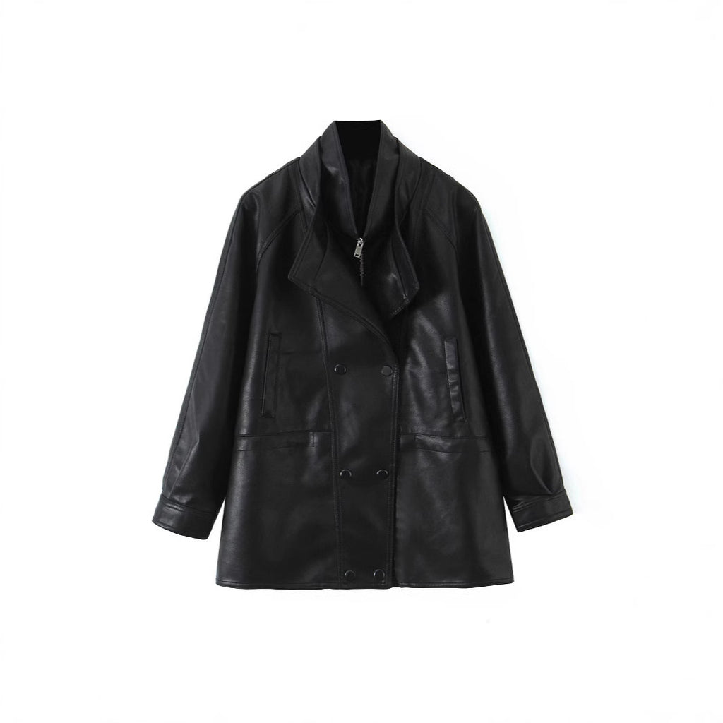 Women's Oversized Faux Leather Jacket with High Standing Collar and Double-Breasted Button Placket Fashion Glam