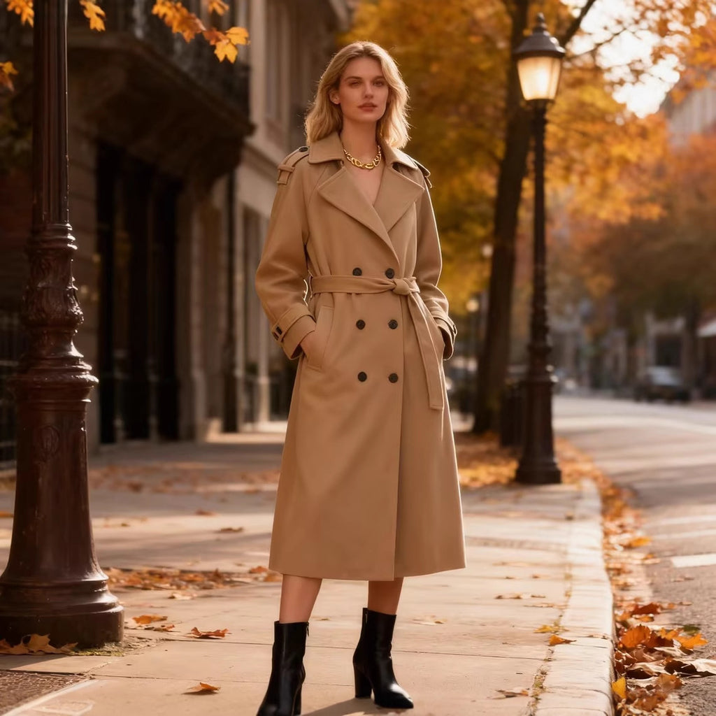 Women Long Double-breasted Trench Coat with Belt and Shoulder Straps Fashion Glam
