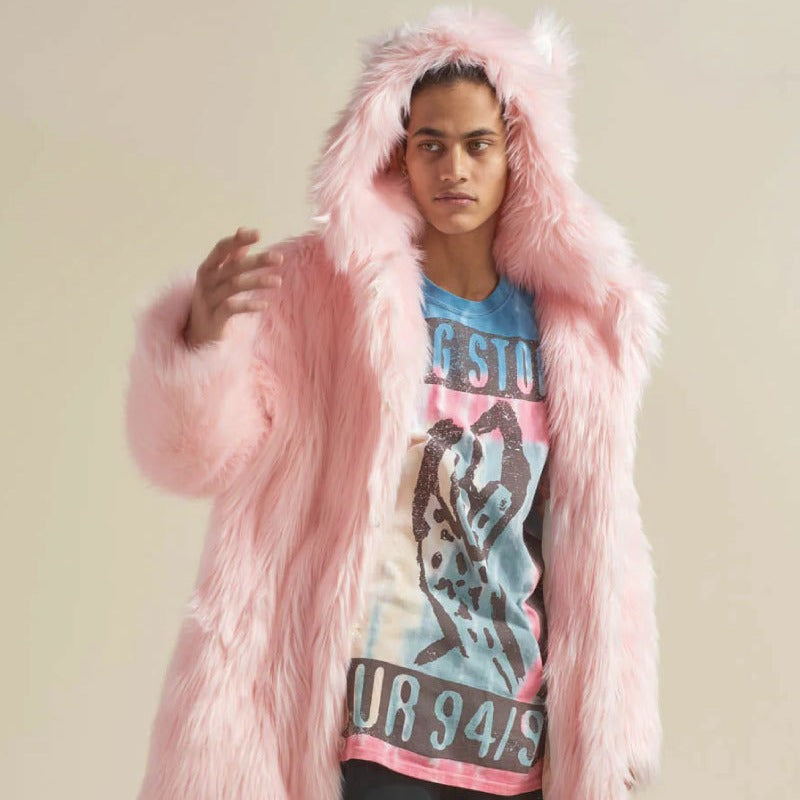 Women's Longer Hooded Faux Fur Coat with Animal Ears and Fluffy High Pile Fashion Glam