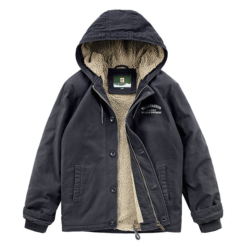 Men's Hooded Canvas Parka with Teddy Fleece Lining and Wind Protection Placket Fashion Glam