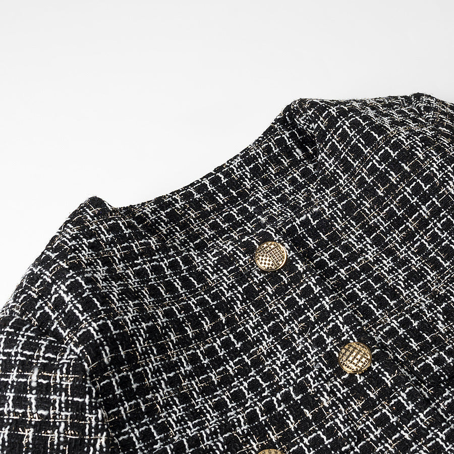 Women Tailored Short Jacket made of Boucle Tweed with Golden Decorative Buttons Fashion Glam