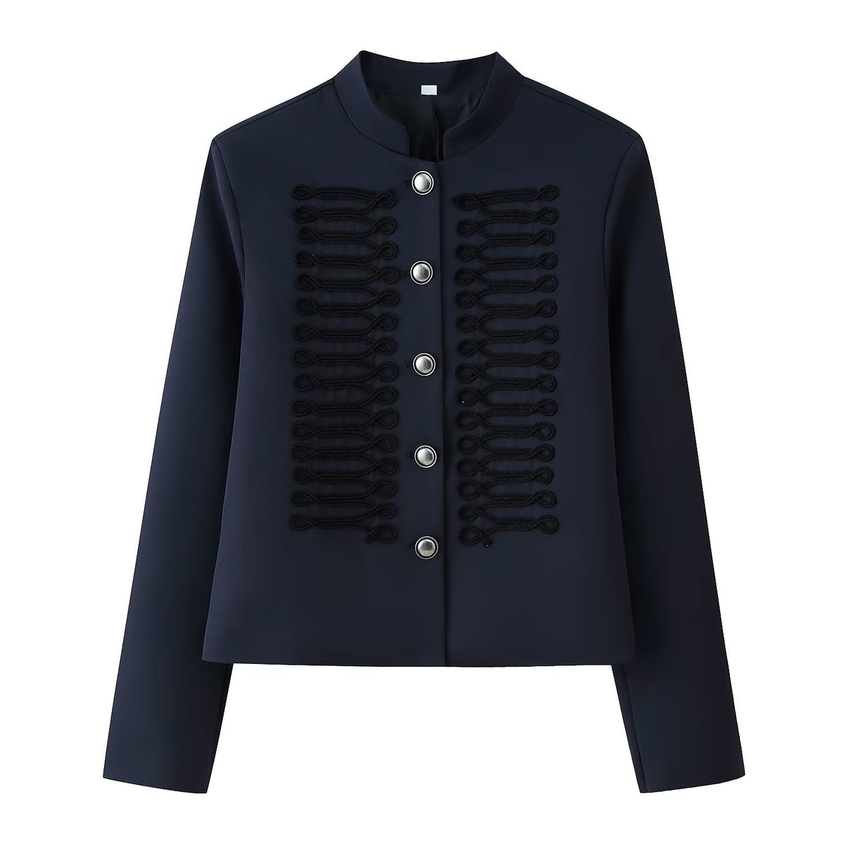 Women’s short military-style jacket with stand-up collar, decorative cord trimming, and decorative buttons Fashion Glam