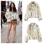 Women's Cropped Faux Fur Jacket with Multicolored Spot Design and Stand Collar Fashion Glam