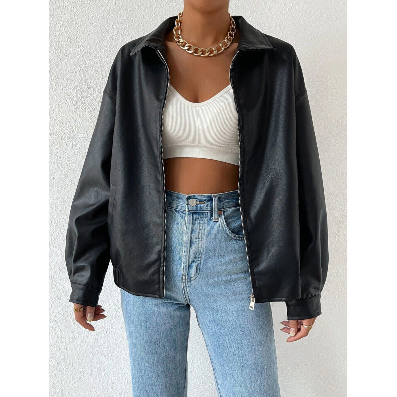 Women Oversized Faux Leather Blouson with Zipper and Shirt Collar Fashion Glam