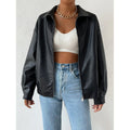 Women Oversized Faux Leather Blouson with Zipper and Shirt Collar Fashion Glam