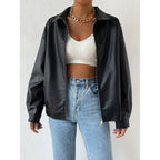 Women Oversized Faux Leather Blouson with Zipper and Shirt Collar Fashion Glam