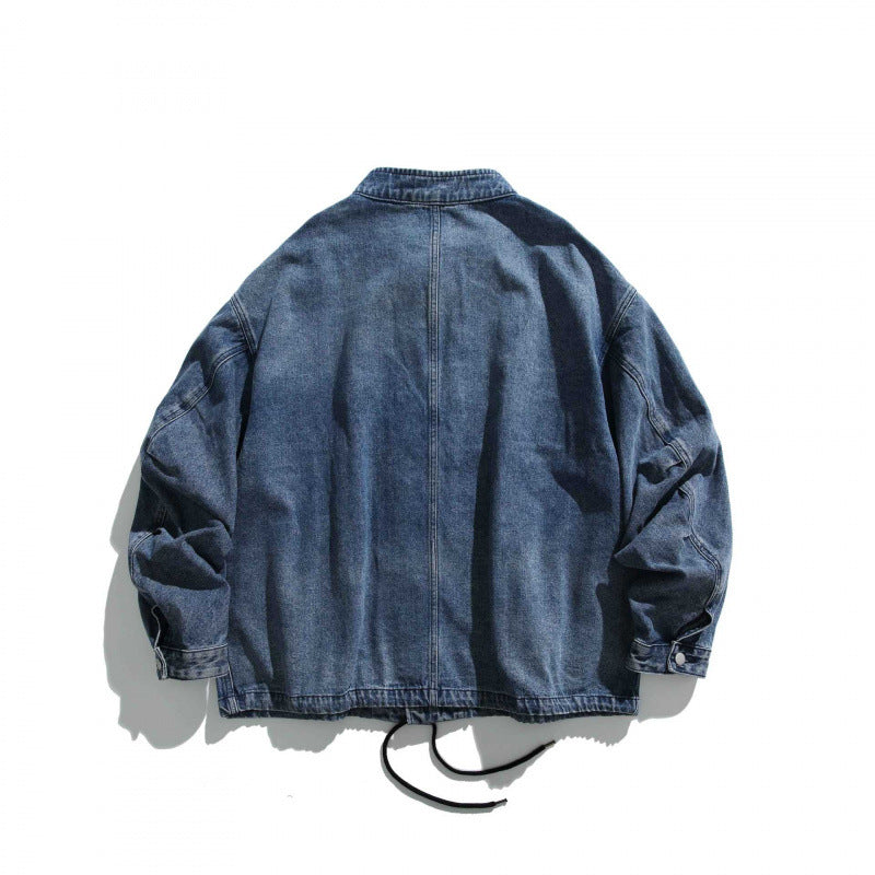 Men's Oversized Jeans Jacket with Stand Collar, Flap Pockets and Drawstring Fashion Glam