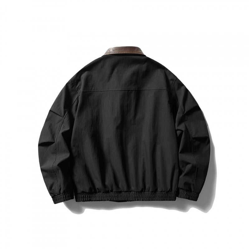 Men's loose-fitting zip jacket with contrast collar made of faux leather and elastic hem Fashion Glam
