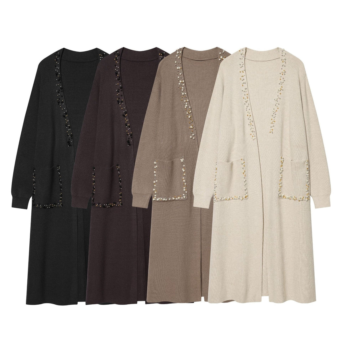 Women's long knit cardigan with bead embellishment and patch pockets Fashion Glam