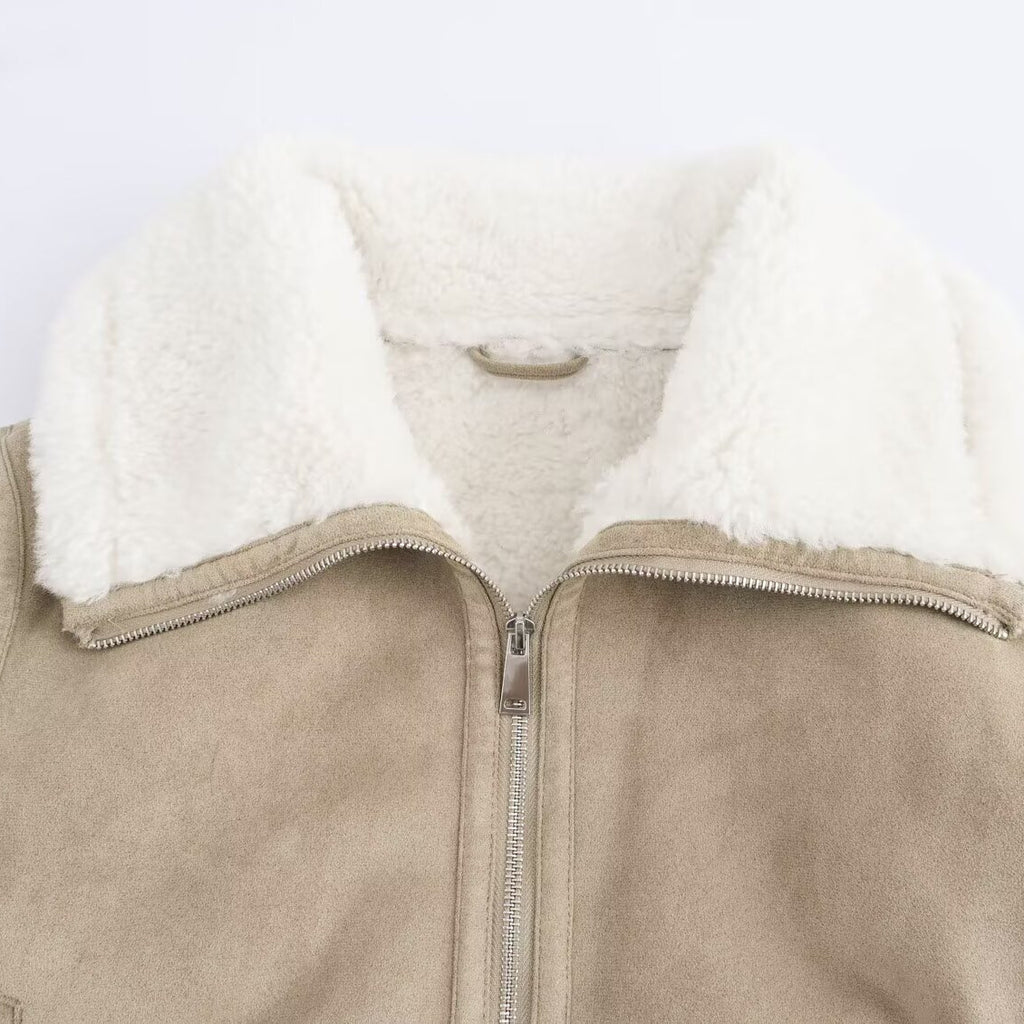 Women's short-cut faux suede bomber jacket with teddy lining, zip and ribbed cuffs Fashion Glam