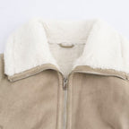Women's short-cut faux suede bomber jacket with teddy lining, zip and ribbed cuffs Fashion Glam