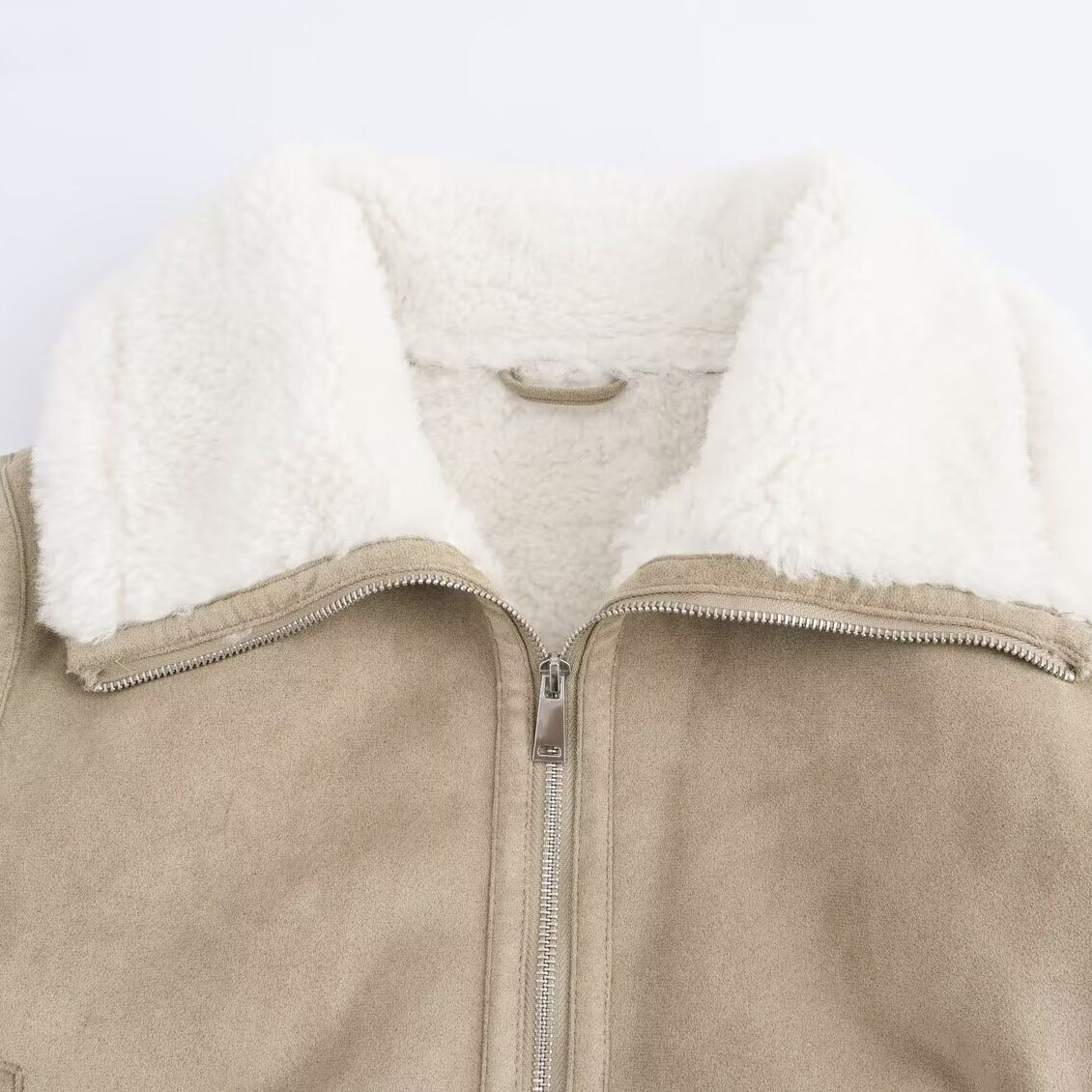 Women's short-cut faux suede bomber jacket with teddy lining, zip and ribbed cuffs Fashion Glam
