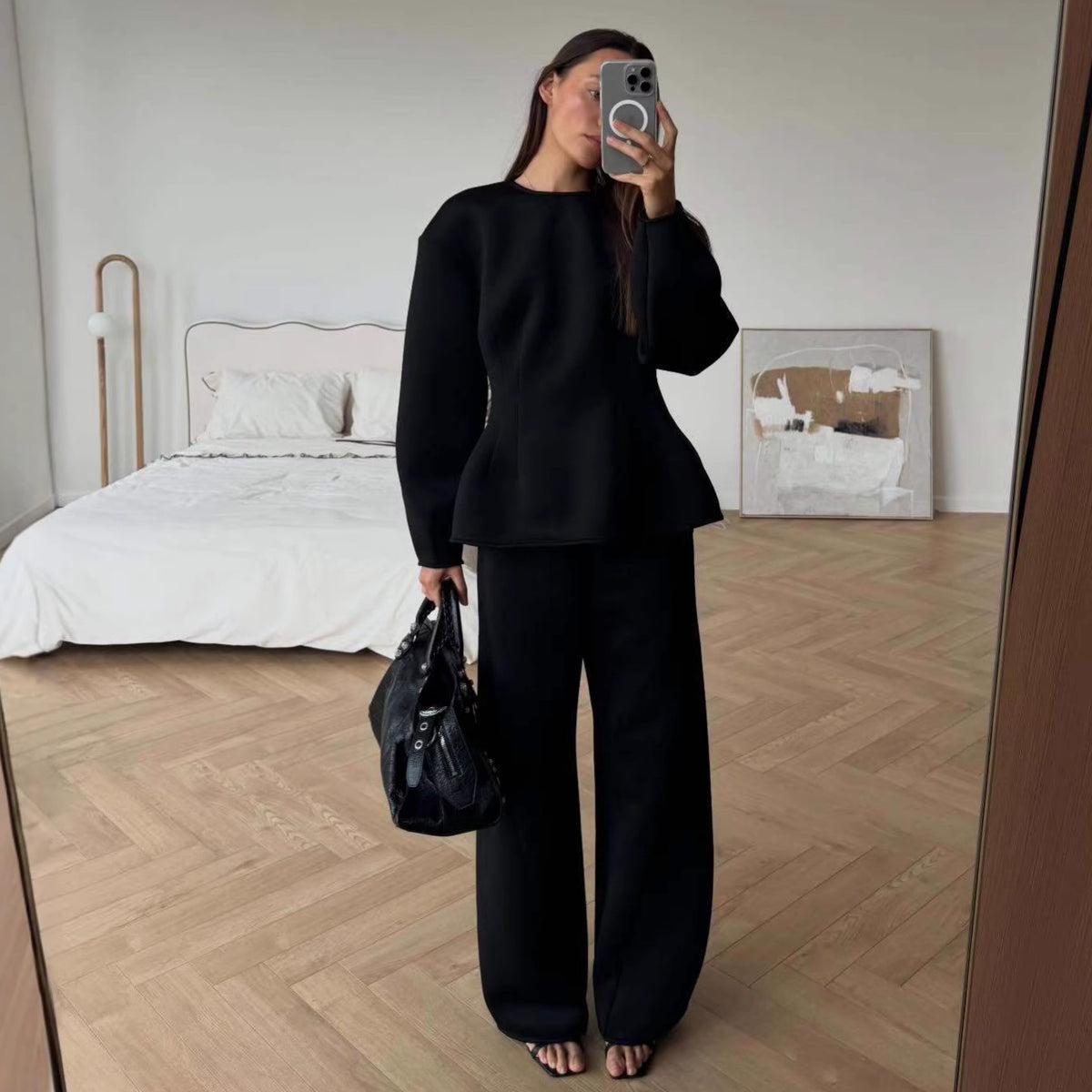 Women's Two-Piece Lounge Set with Tailored Peplum Top and Wide Pants Fashion Glam
