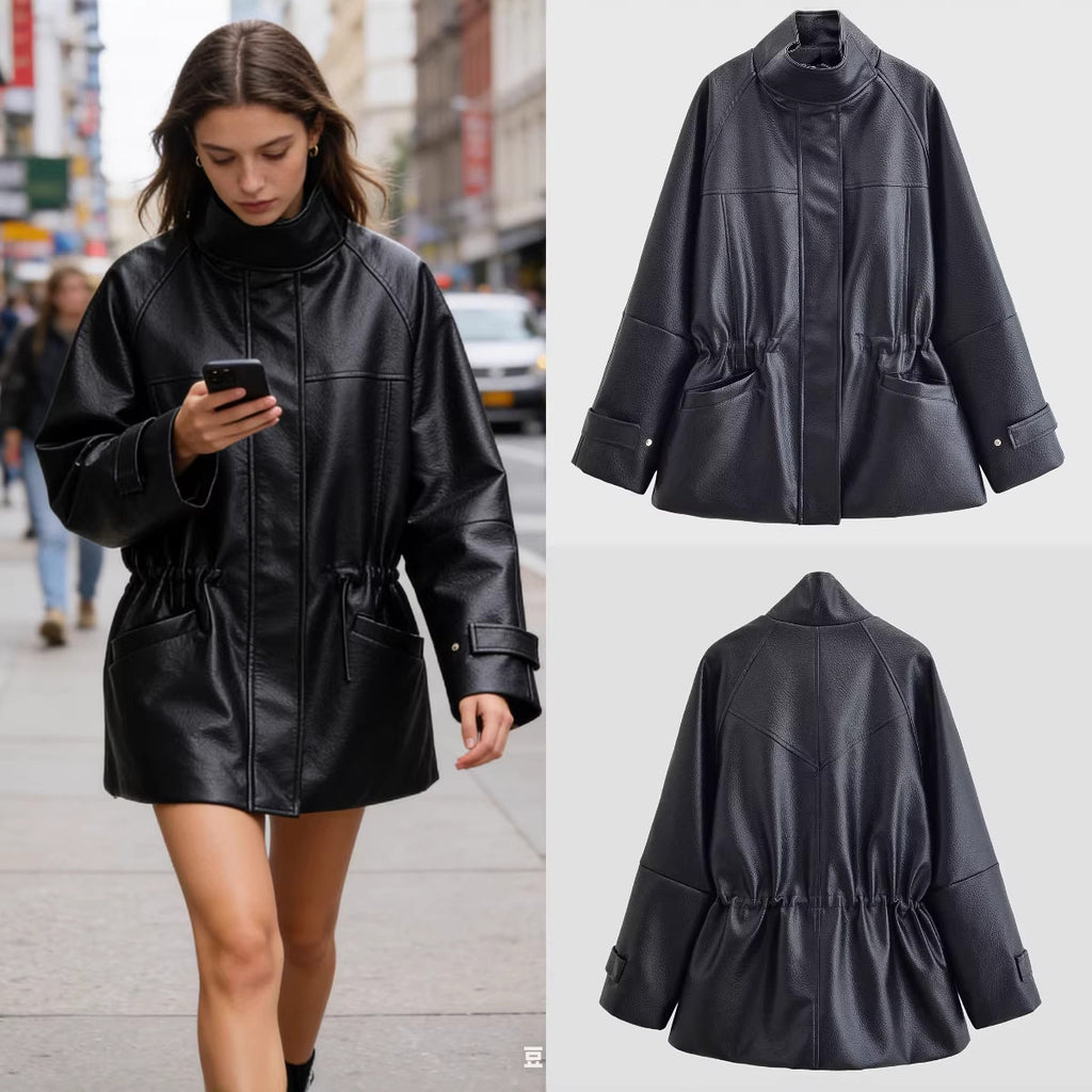 Women's Oversized Jacket in Leather Look with Stand-up Collar and Waist Drawstring Fashion Glam