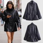 Women's Oversized Jacket in Leather Look with Stand-up Collar and Waist Drawstring Fashion Glam