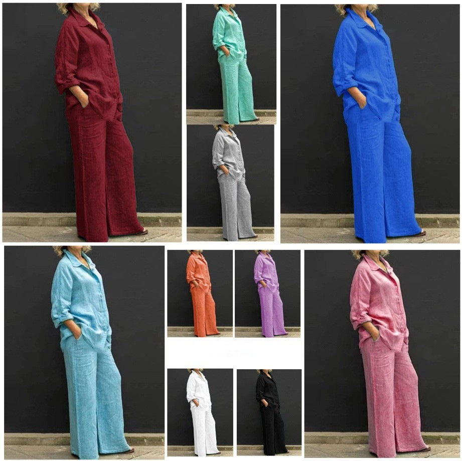 Women's Relaxed Linen Set with Oversized Shirt and Wide Palazzo Pants Fashion Glam