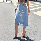 Ladies Denim Midi Skirt with Fringes Front Slit and Used Effects Fashion Glam