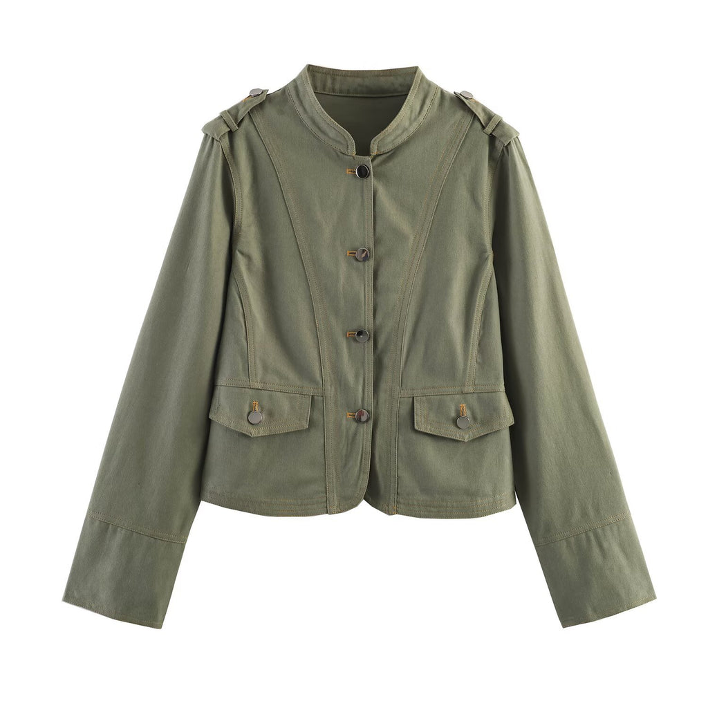 Women's short jacket in utility style with stand-up collar and shoulder straps Fashion Glam