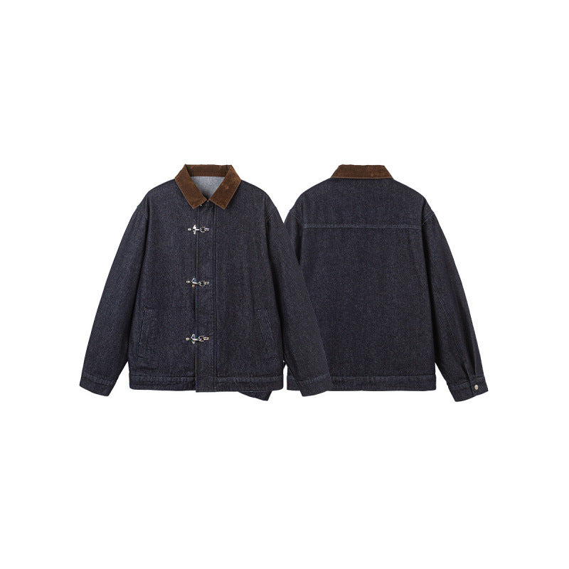 Men's Boxy Denim Jacket with Cord Collar and Metal Toggle Closures Fashion Glam