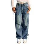 Ladies Wide High-Waist Denim Jeans with Decorative Side Stripes and Straight Leg Fashion Glam