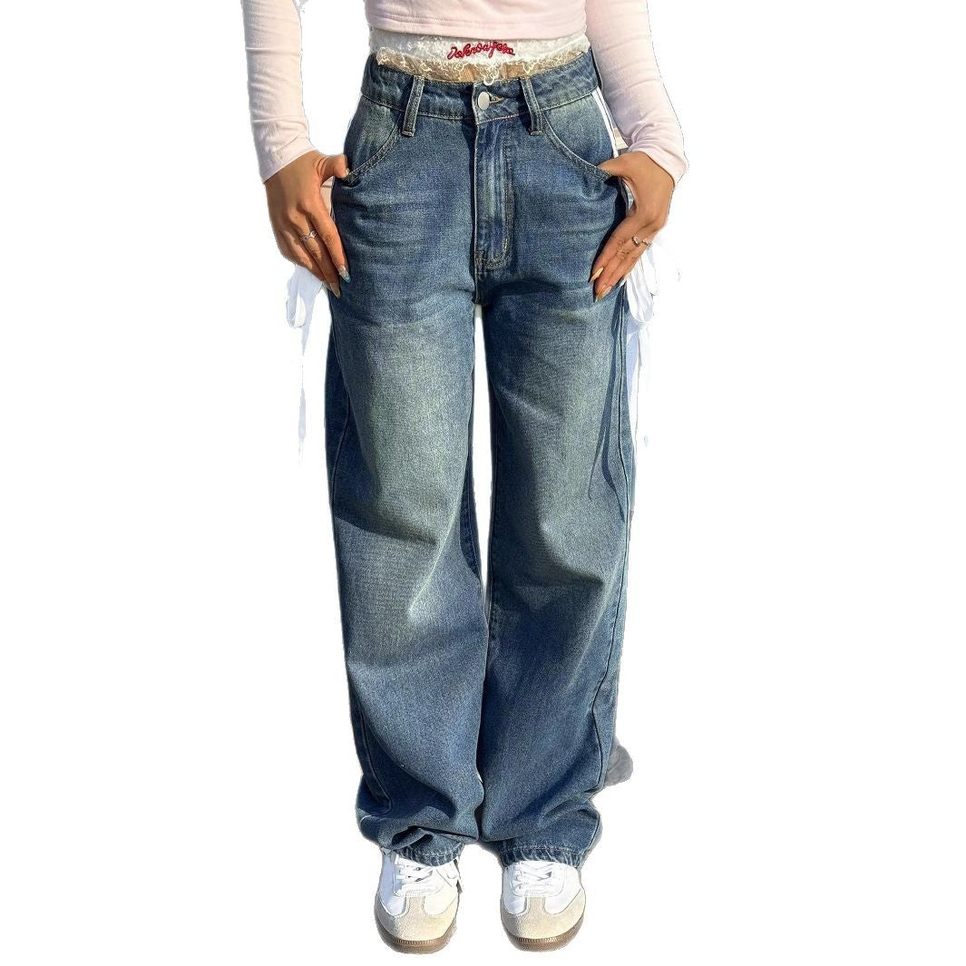 Ladies Wide High-Waist Denim Jeans with Decorative Side Stripes and Straight Leg Fashion Glam
