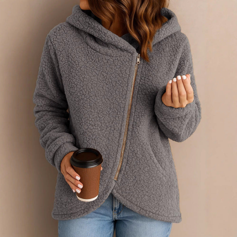 Women's teddy fleece jacket with asymmetrical zipper, hood and curved hem Fashion Glam
