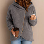 Women's teddy fleece jacket with asymmetrical zipper, hood and curved hem Fashion Glam