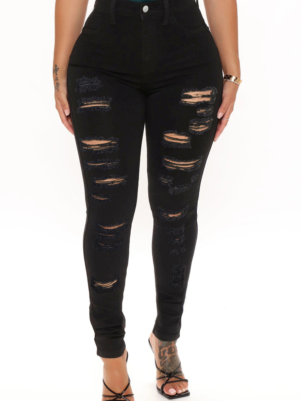 Ladies high-waisted sculpting skinny jeans with heavy destroy design and stretch waistband Fashion Glam