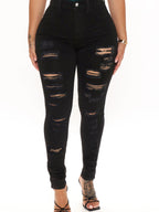 Ladies high-waisted sculpting skinny jeans with heavy destroy design and stretch waistband Fashion Glam