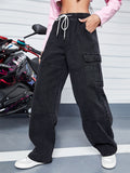 Women's Wide Cargo Denim Pants with Drawstring Waist, Oversize Cut and Patch Pockets Fashion Glam