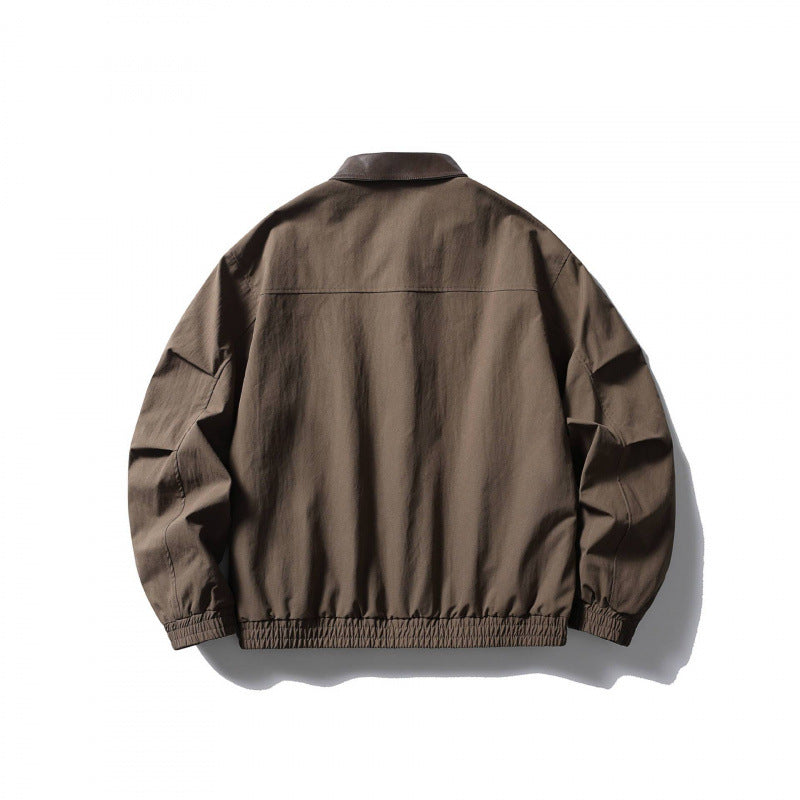 Men's loose-fitting zip jacket with contrast collar made of faux leather and elastic hem Fashion Glam