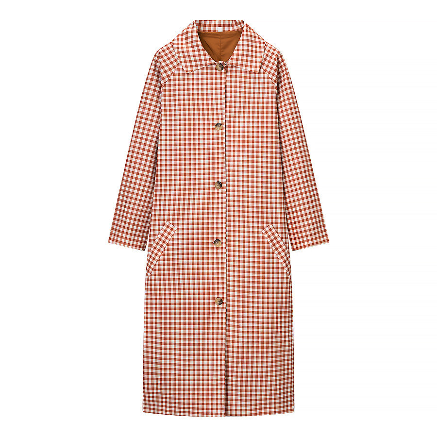 Women Long Cut Plaid Coat with Shirt Collar and Full Button Placket Fashion Glam