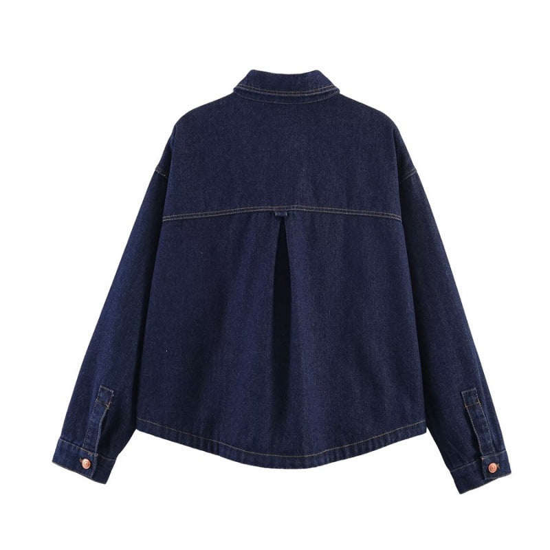 Women's Oversized Denim Jacket with Boxy Cropped Cut, Patch Pockets and Contrast Stitching Fashion Glam