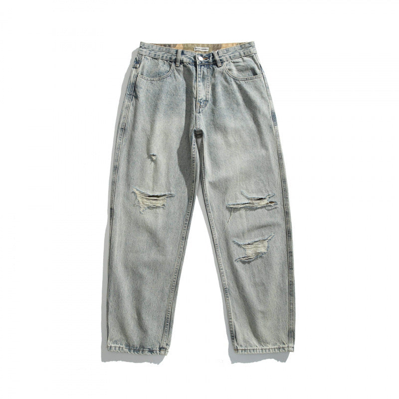 Men's Casual Straight-Leg Jeans with Used Wash and Destroyed Details Fashion Glam