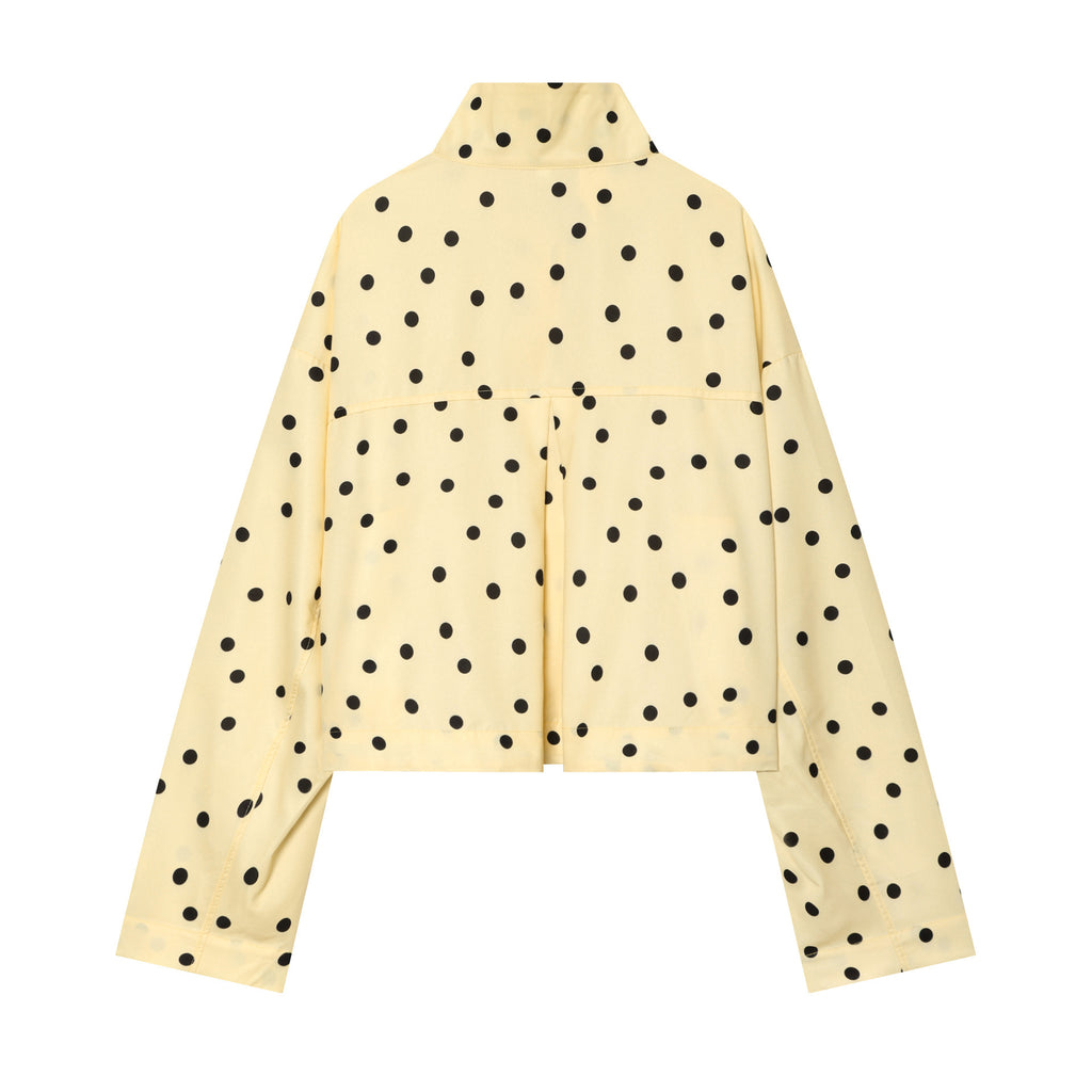 Women's Polka Dot Cropped Blouse with Stand Collar and Drawstring Fashion Glam