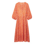Women's maxi dress with floral print, deep round neckline and drawstring waist Fashion Glam