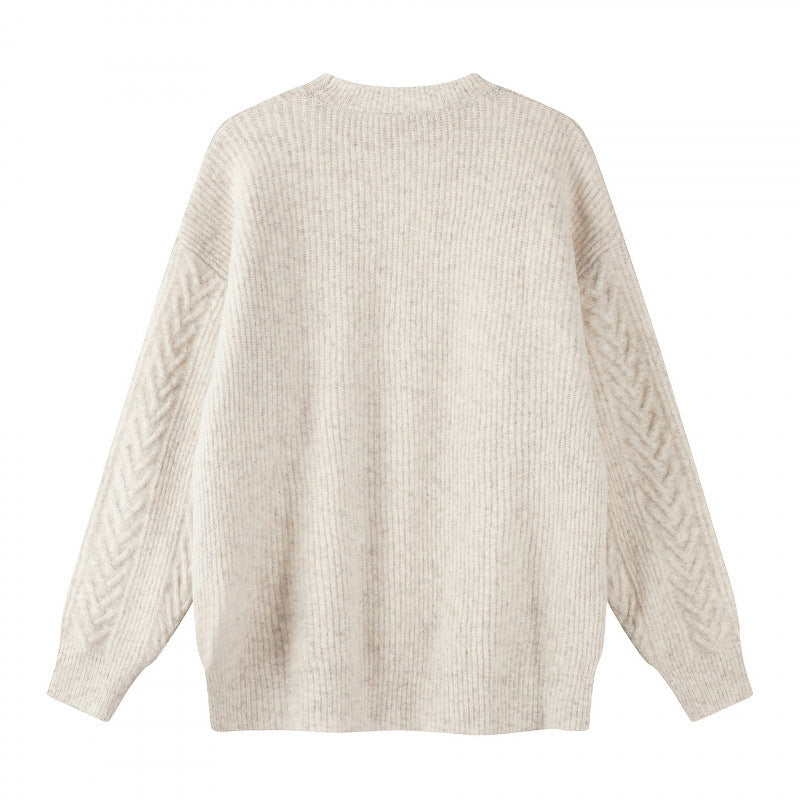 Unisex Oversized Chunky Knit Sweater with Herringbone Pattern and Round Neck Fashion Glam