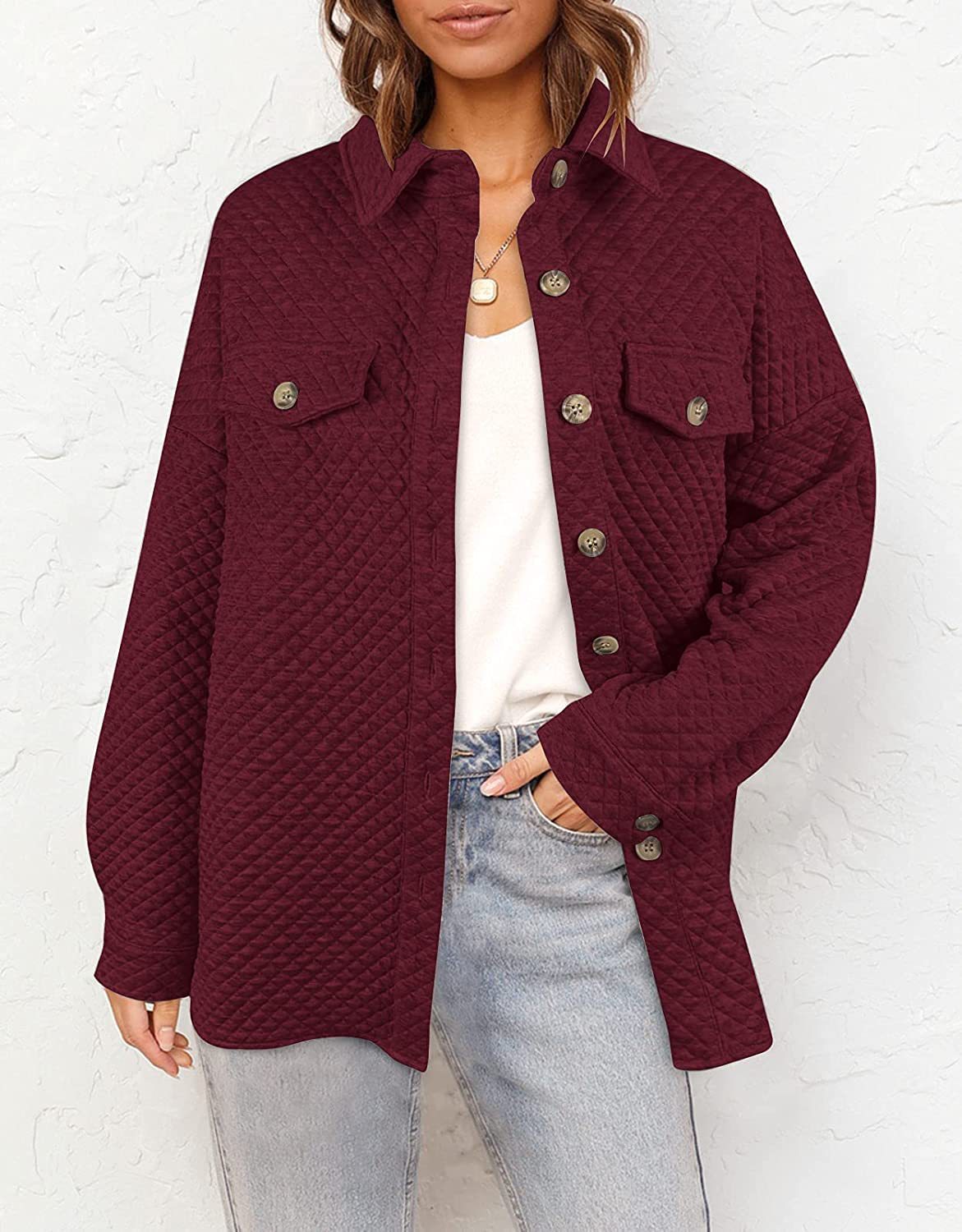 Women's quilted shirt jacket with boxy oversized fit and patch chest pockets Fashion Glam