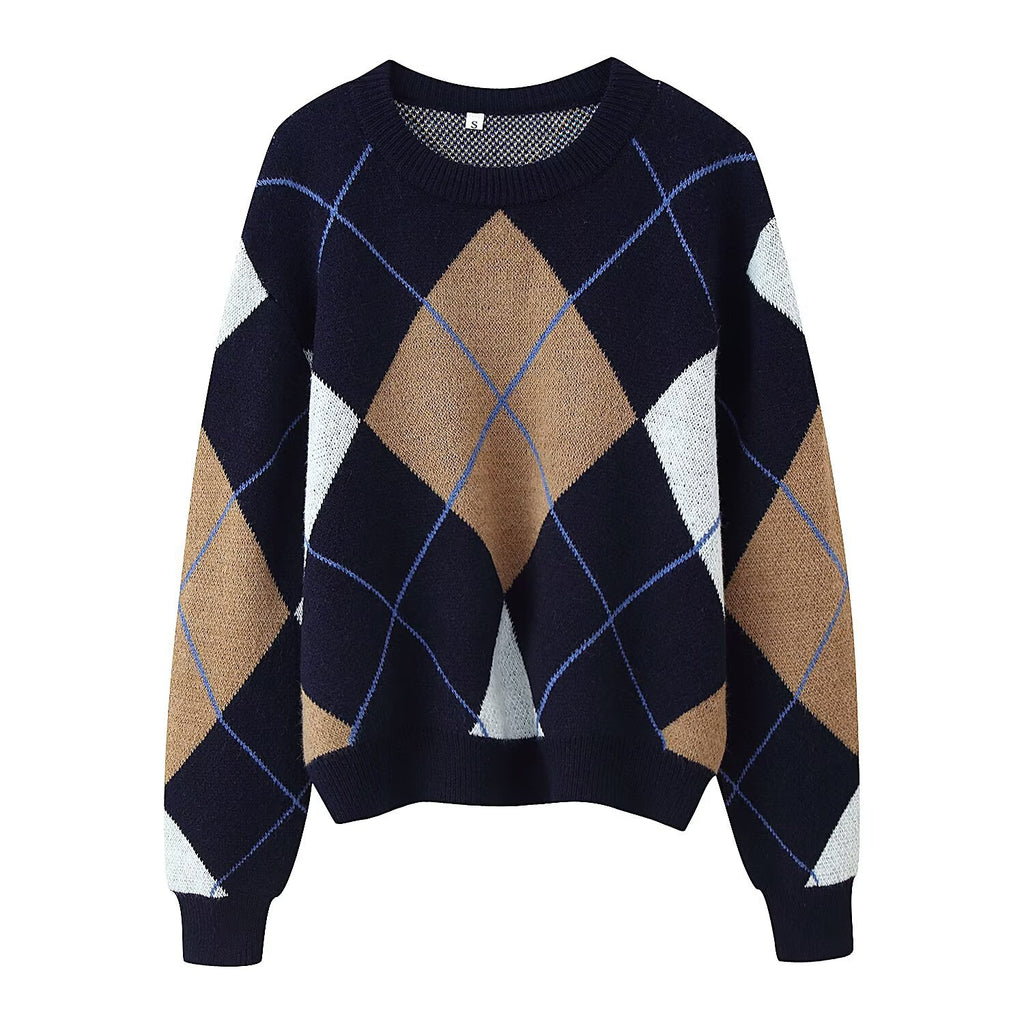 Women's Diamond Argyle Knit Sweater with Round Neck and Slightly Oversized Cut Fashion Glam