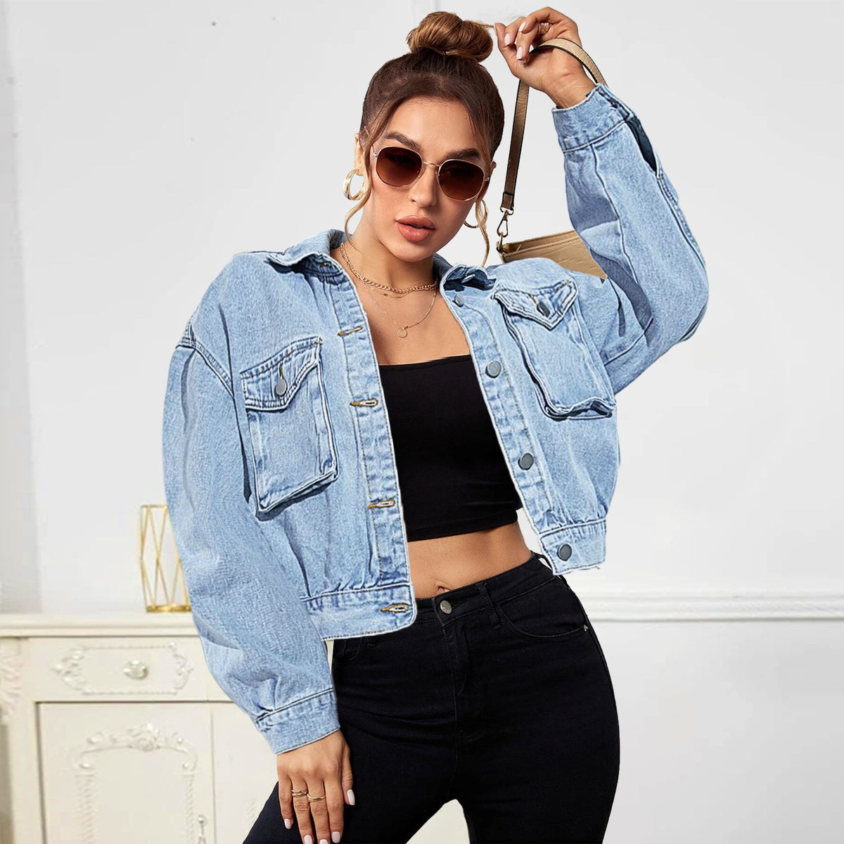 Women Cropped Boxy Denim Jacket with Patch Chest Pockets and Short Hem Fashion Glam