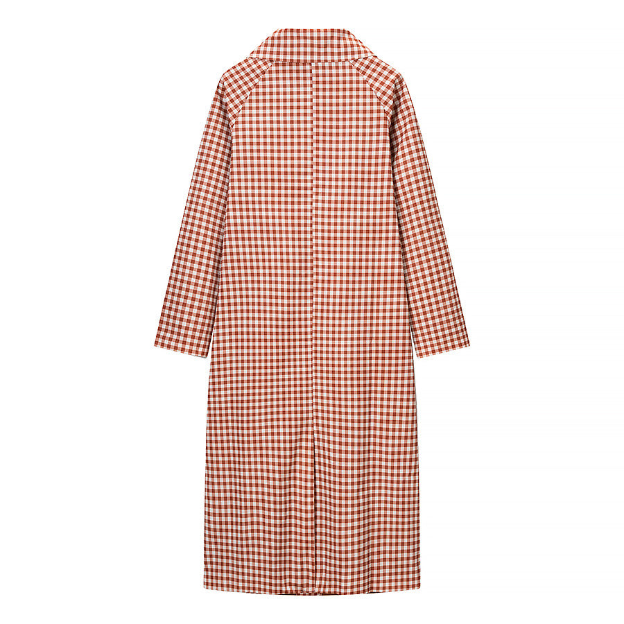 Women Long Cut Plaid Coat with Shirt Collar and Full Button Placket Fashion Glam