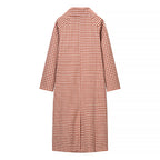 Women Long Cut Plaid Coat with Shirt Collar and Full Button Placket Fashion Glam