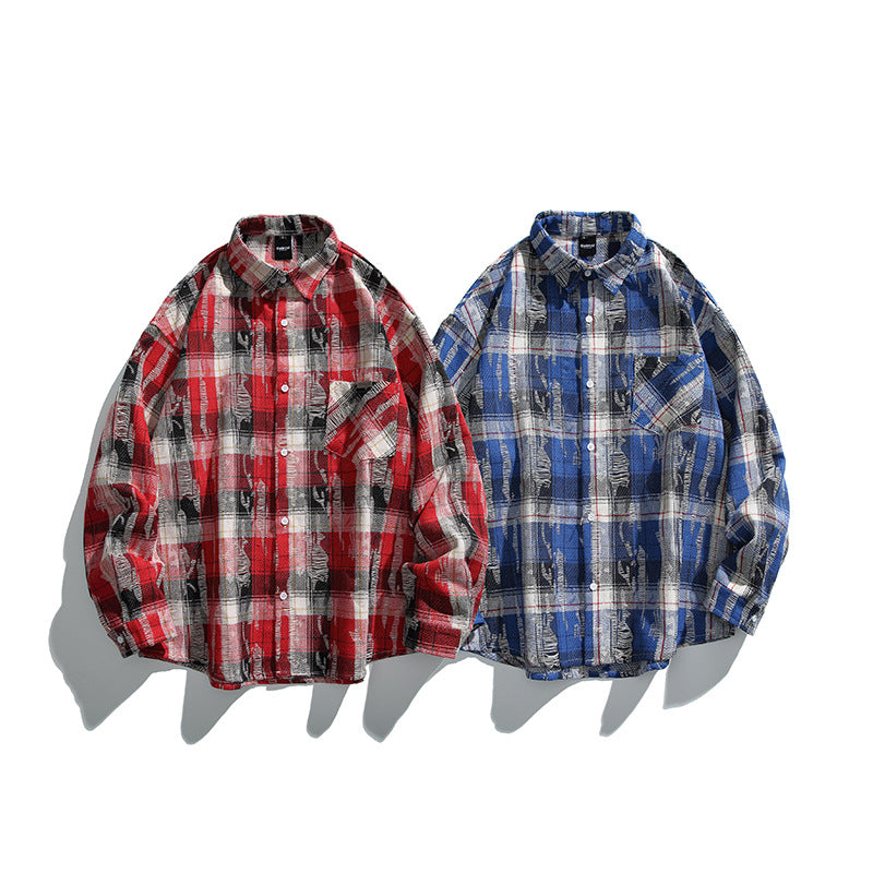 Unisex Oversized Checked Flannel Shirt with Destroyed Details and Chest Pocket Fashion Glam