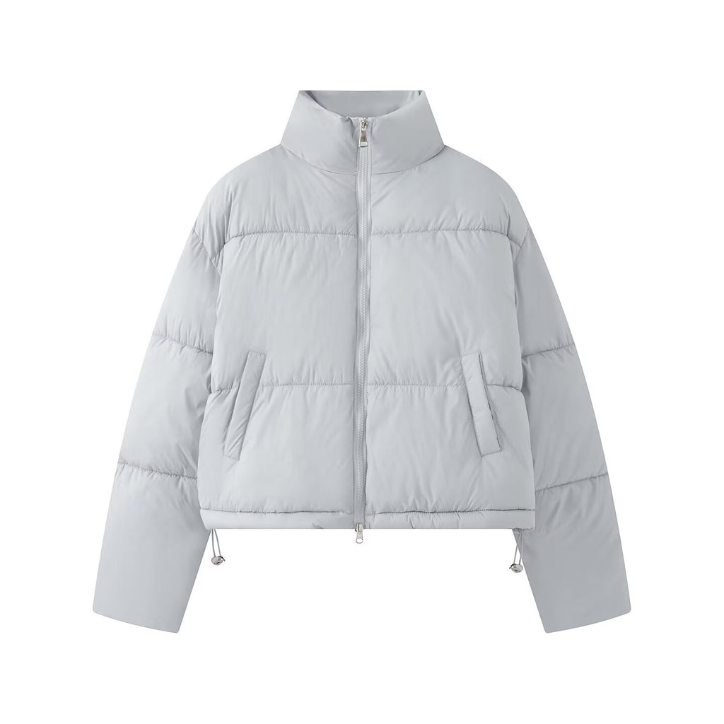 Women's Cropped Oversize Puffer Jacket with High Stand Collar and Two-Way Zipper Fashion Glam