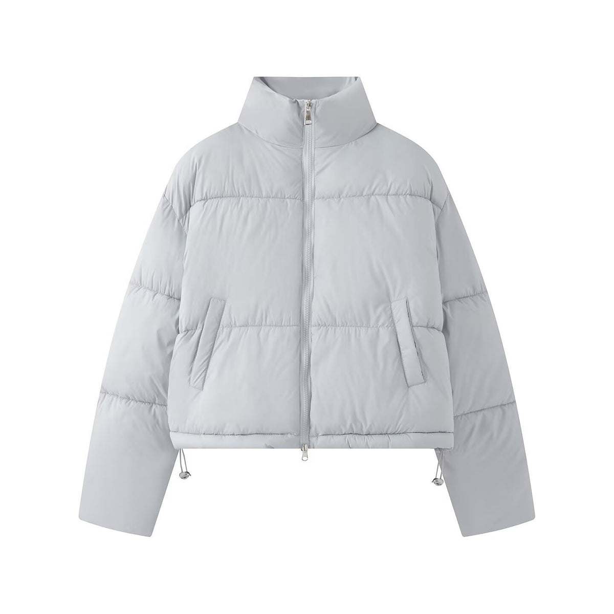 Women's Cropped Oversize Puffer Jacket with High Stand Collar and Two-Way Zipper Fashion Glam